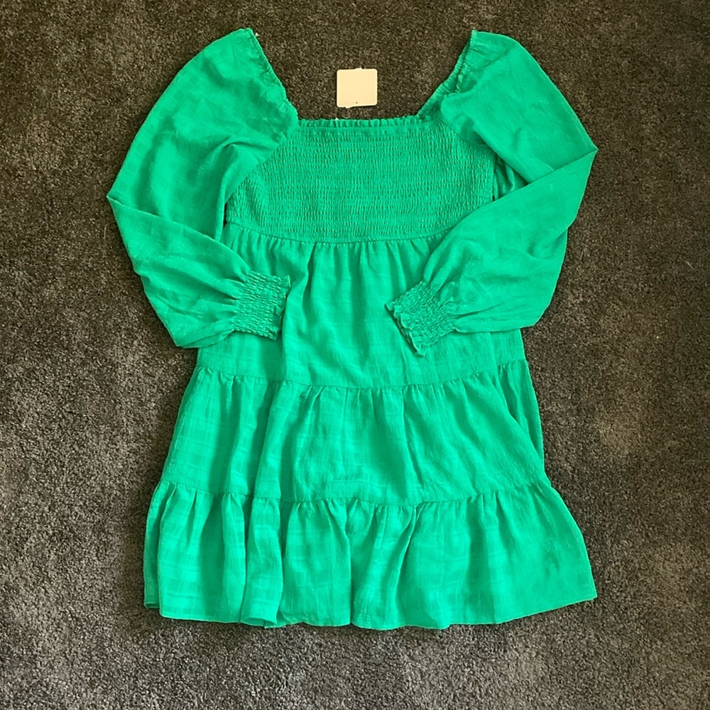 NWT Versona Green Long Puff Sleeve Smocked Tiered Skirt Mini Dress